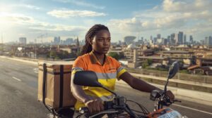 African courier rider with a package, Lusaka city skyline.