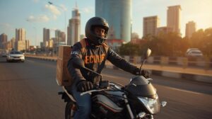 African courier rider with a package, Lusaka city skyline. (1)