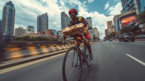 African courier rider with a package, Lusaka city skyline. (2)