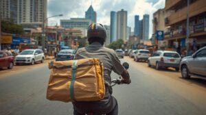 African courier rider with a package, Lusaka city skyline. (3)